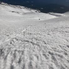 Well above treeline, looking down on 50/50 Flat, almost to Helen Lake