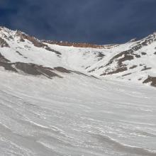 At Helen Lake, 10,400 feet, looking up into upper Avalanche Gulch, Redbanks, The Heart, etc. 