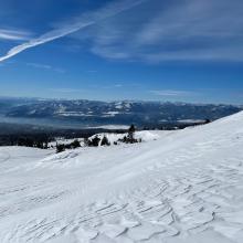 Light wind textured snow with Mt. Shasta City down below