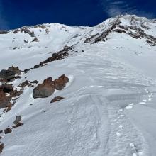 10k ft on Green Butte Ridge, looking up with Avalanche Gulch on the left.