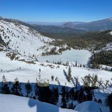 Looking down onto Castle Lake, frozen and supportable.