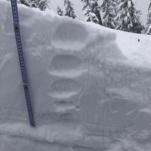 Right side up snow pack with density change 12 inches down (30 cm)