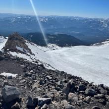 Looking down Green Butte ridge from 9,800 feet, into Avalanche Gulch proper