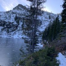 View of the frozen lake from the trail