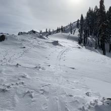 Scoured rock and hard ice/old snow over exposed ridges, this ridge running north/south, winds have been primarily west.