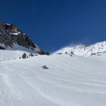 Surprisingly smooth and unaffected snow surfaces above treeline, 8,800 feet.