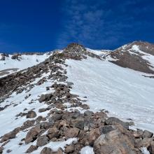 ~9500 feet on Green Butte Ridge, looking uphill, Old Ski Bowl on the right, Avalanche Gulch on the left.