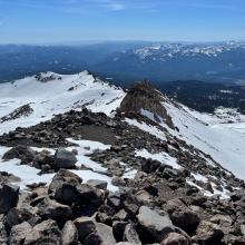 ~9500 feet on Green Butte Ridge, looking downhill, Old Ski Bowl on the left, Avalanche Gulch on the right.