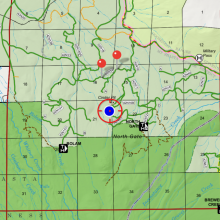 On 3.23.22, one can drive to within ~1.5 miles of the trailhead. Blue dot on map represents high point. A burley 4x4 could make it a bit farther.