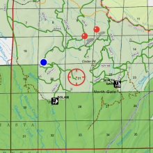 Blue dot representing snow line, heading toward the Bolam Trailhead. This road is severely compromised due to the Lava Fire and wash outs. A 4x4 absolutely recommended.