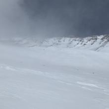 Look up at the upper mountain and example of snow surfaces. Sastrugi features hidden by new snow.