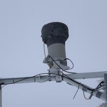 The heated tipping bucket at the Old Ski Bowl weather station measures snow/water equivalent (SWE)