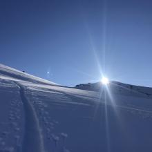 Skinning up Avalanche Gulch, above treeline