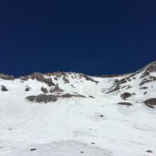 Looking up Avalanche Gulch from Helen Lake. The Upper Moraine, Trinity Chutes and Redbanks all visible.