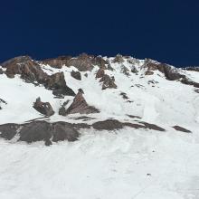 The Upper Moraine, Trinity Chutes and upper Casaval Ridge (including the Catwalk) visible, looking up from Helen Lake.