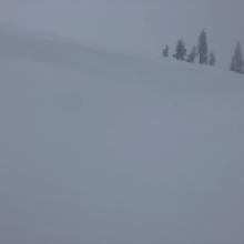 Wind drift forming on east facing terrain near treeline 8,400 feet