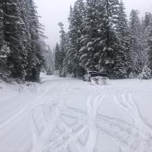 4 inches of packed snow on South Fork road (WA Bar Road) able to drive to 4,300 feet