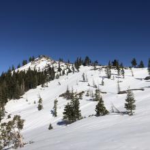 Near Heart Lake looking east; shallow snowpack on south side of Left Peak
