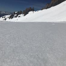 Smooth, glazed snow surfaces at Helen Lake