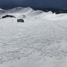 Scoured and icy old snow surfaces, 10,000 feet, Old Ski Bowl