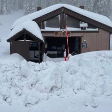 The Everitt Memorial Highway is still closed, but we were able to snowmobile to the trailhead via the powerline road.