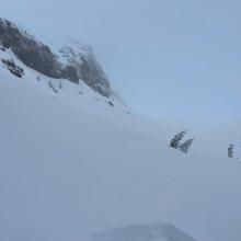 Old Ski Bowl, near treeline, 8k ft, spin drift blowing off Green Butte from north wind