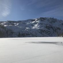 Castle Lake, lake level, Middle Peak in background. Lake is frozen and supportable.