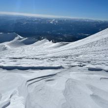 Wind affected snow is widespread above treeline on Mt Shasta