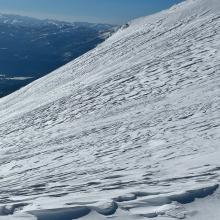 Wind affected snow is widespread above treeline on Mt Shasta