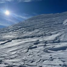 Wind affected snow is widespread above treeline on Mt Shasta