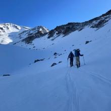 Skinning up Avalanche Gulch