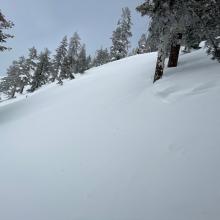 Crown from recent avalanche, eroded by wind, west face, Gray Butte, near treeline, R2-D2