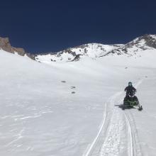 Snowmobile riding in Old Ski Bowl still decent, smooth and softening in afternoon