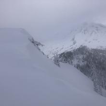 Drifts forming over east bowl of Grey Butte. Note: Scoured rocky patches along Sergeants ridge