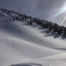 Smooth snow surfaces on west face of Gray Butte. 