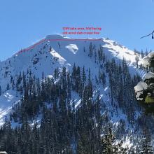 A good size D2 wind slab off an un-named 6,934 ft peak northeast of Cliff Lake