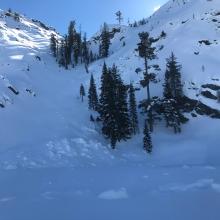 The Cliff Lake gully slide, D2, north facing, that spilled out onto the lake for about 150 feet. It did not break the ice.