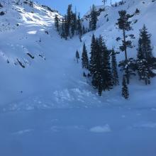 The Cliff Lake gully slide, D2, north facing, that spilled out onto the lake for about 150 feet. It did not break the ice.