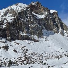 Green Butte / Old Ski Bowl - The wind loaded face you see is east facing, wind loads like crazy during westerly wind events and slides often