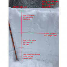 Snowfall amount and structure from the previous (Nov 23&24) storm and the current (Nov 27th) storm. 55 cm total with slight crust at storm interface